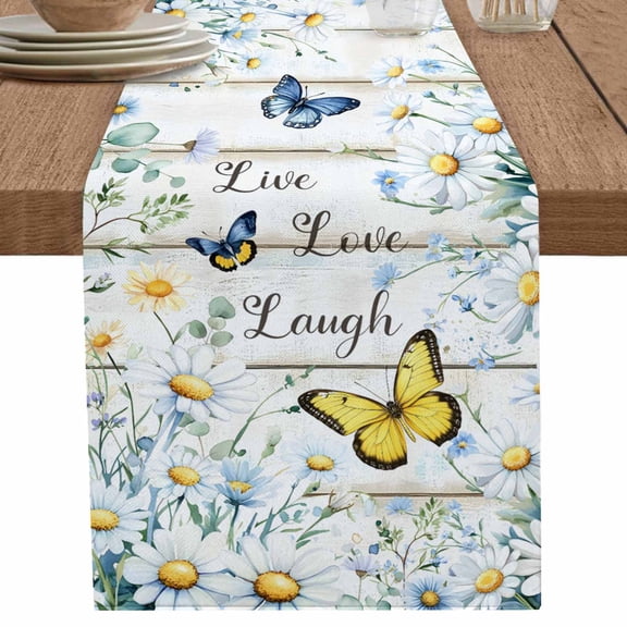 nqOlkjepod Daisy Butterfly Table Runner 120 Inches Long Farmhouse Dress Scarves, Farm Flower Summer Spring Wood Grain Dining Tablerunner for Coffee Table/Kitchen Island/Party Décor, 13" x 120"
