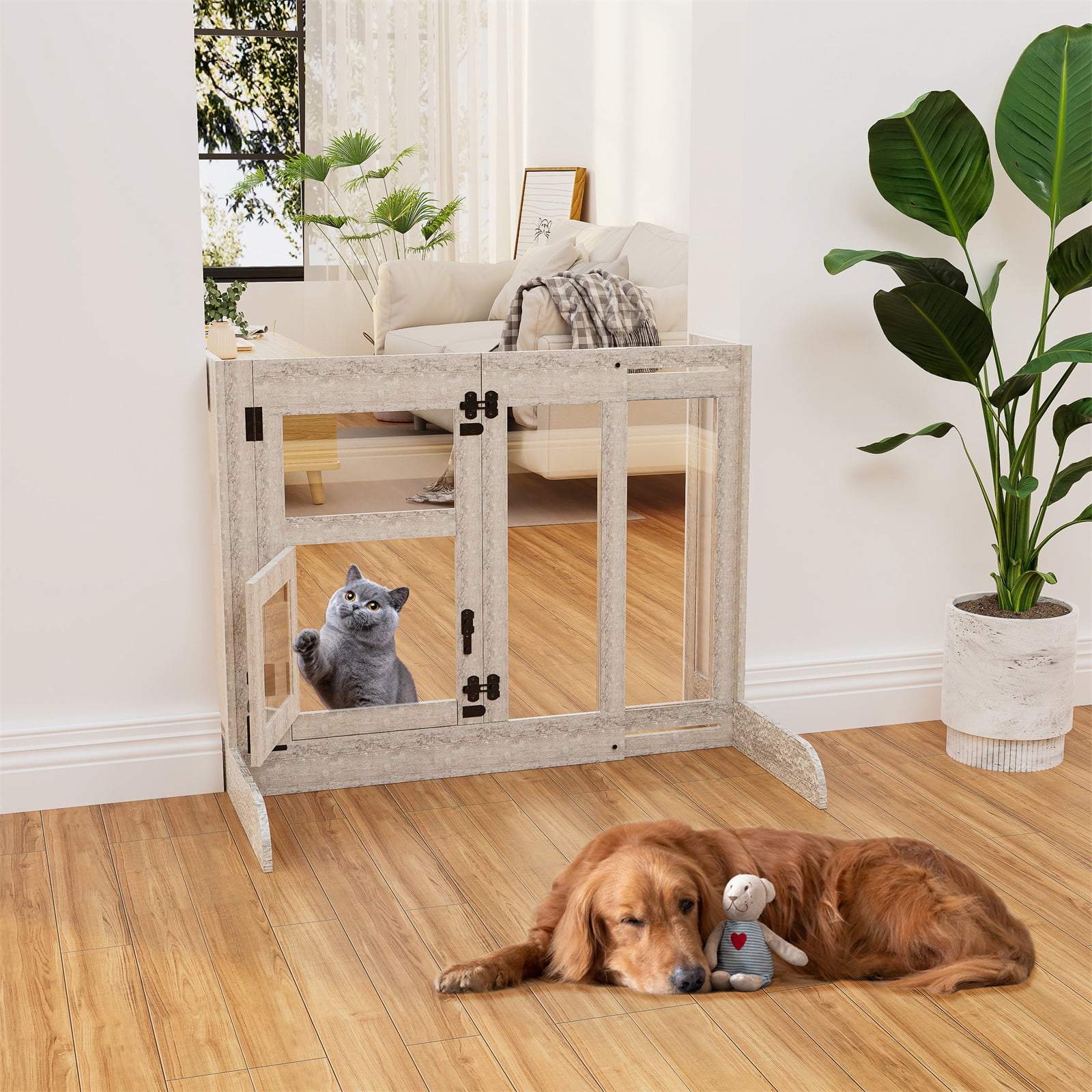 Bingopaw 32" Tall Freestanding Dog Door Gate Adjustable 25.98" to 35.43" Pet Barrier Safety Gate