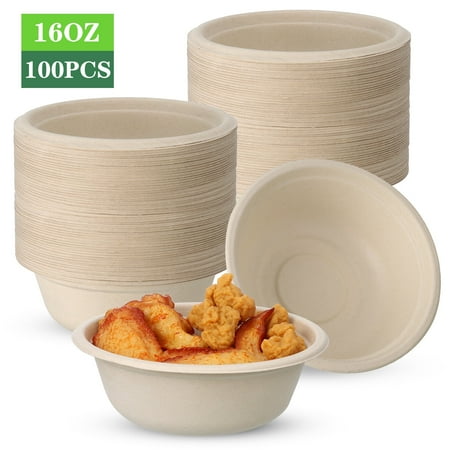 Abaima 100 Pack 16 oz Disposable Paper Bowls 100% Compostable, Natural Biodegradable Bagasse, Eco-Friendly Sugar Cane Fibers Bowls