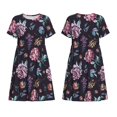 thumbnail image 3 of Bixox Robe d'Été à Manches Courtes pour Femmes Robe Ample Longueur Genou avec Poches-Roses Fleurs, 3 of 7