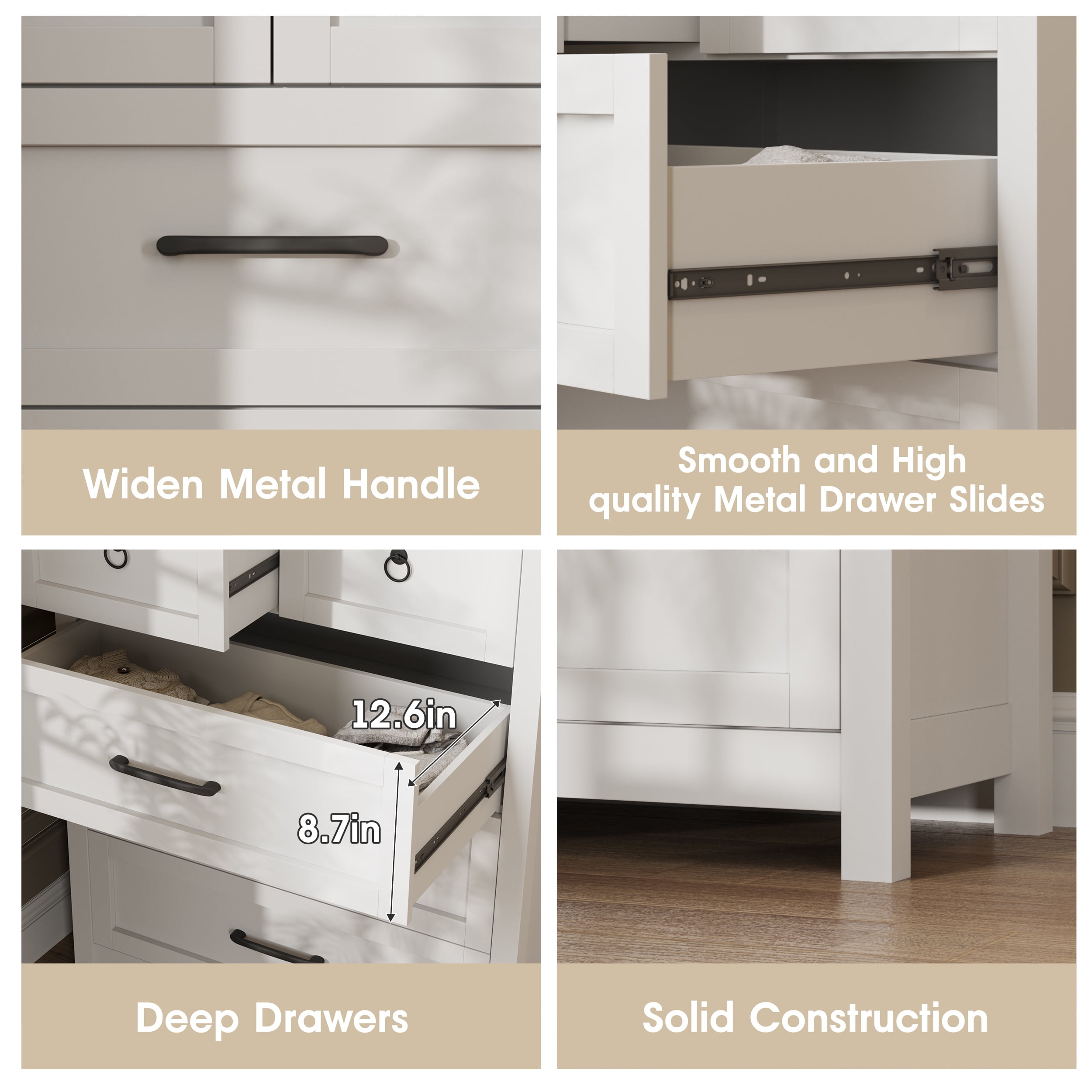 Vabches White 5 Drawer Dresser 41.3" Tall, Wood Wide Chest of Drawers for Bedroom Entryway Living Room Closets