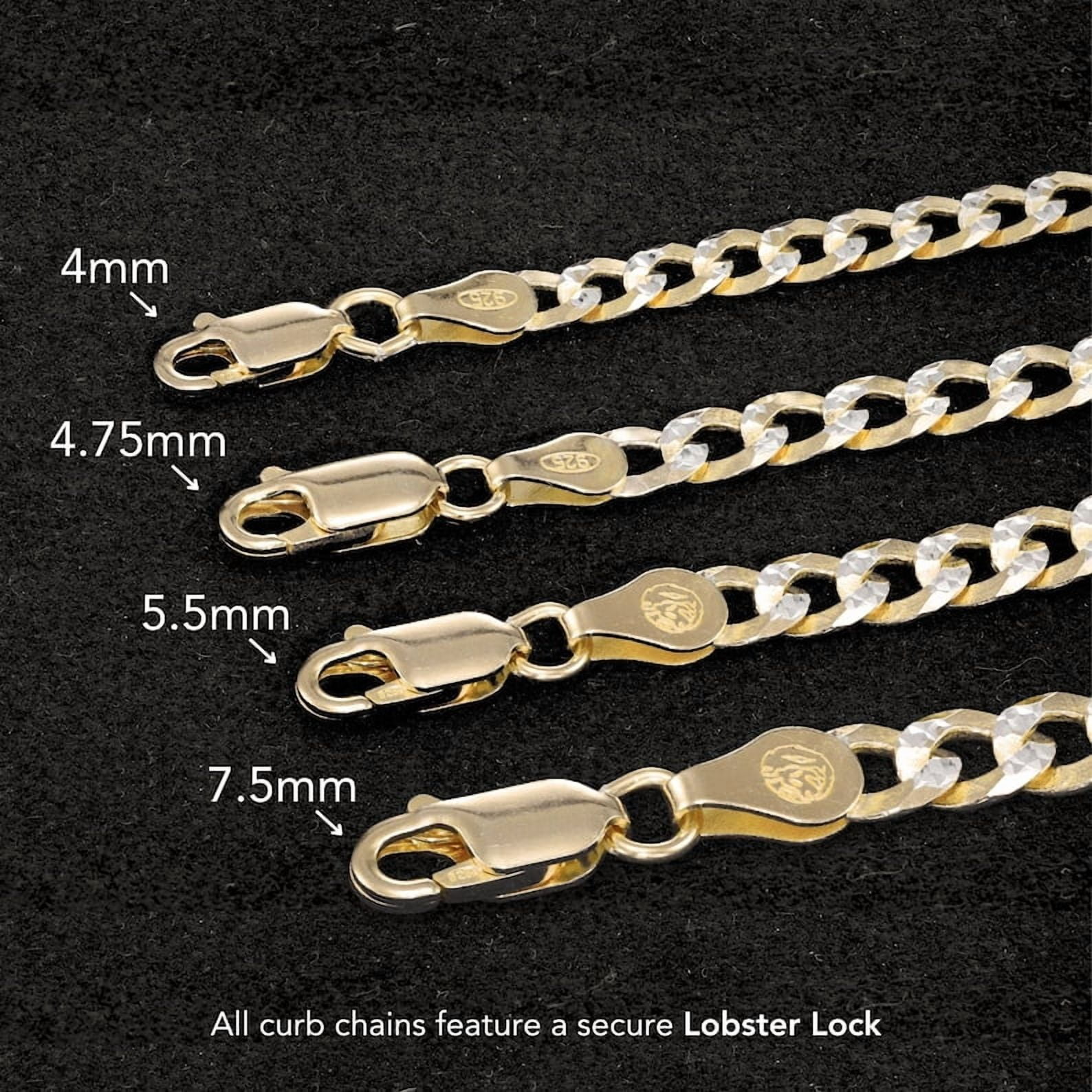 Tilo Jewelry Solid 925 Sterling Silver Two-Tone Diamond-Cut Curb Link Chain Necklace with Secure Lobster Lock | 7.5mm - 22 Inch | Everyday Necklace for Men & Women