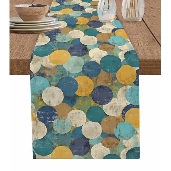 Teal Yellow Circle Table Runner 70 Inches, Geometric Abstract Art Bed Runner Dresser Scarves Tabletop for Indoor Outdoor Parties/Ceremony/Banquet, 13" x 70"