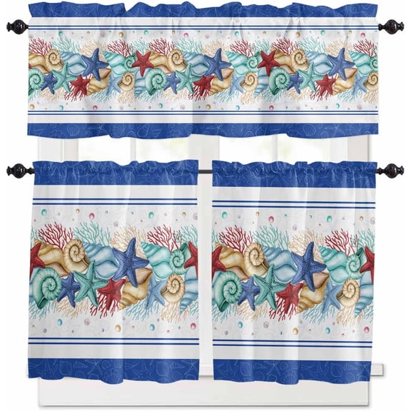 3PCS Kitchen Curtains Valance and Tiers Set Semi Sheer Kitchen Curtain Valance Window Summer Ocean Starfish Conch Shell Coral Blue Tier & Valance Set Rod Pocket Valance Curtains, 54"x18"/27.5"x24"x2