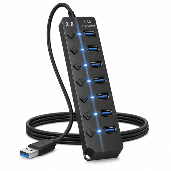 7-Port USB 3.0 Hub, USB Splitter with Individual Switches, 5Gbps USB Port Expander for Laptop, PC and Desktop