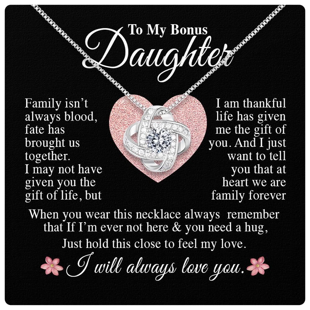 Bonus Daughter From Stepdad Stepmom With Heartfelt Message & Elegant Box - Jewelry Stepdaughter, To My Bonus Daughter Necklace On Birthday Graduation Wedding & More #1291, Gold Love Knot Necklace