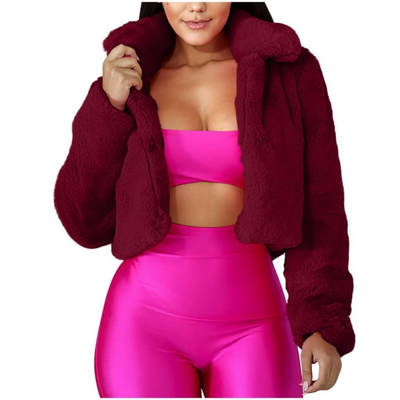 Lovskoo Womens Cropped Faux Fur Coat Winter Warm Fluffy Casual Lapel Jackets Warm Fuzzy Solid Color Outerwear Claret