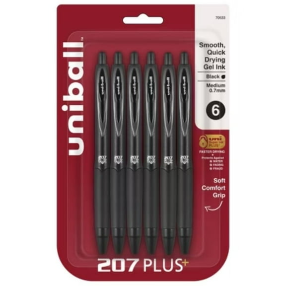 uniball 6pk 207 Plus  Gel Pen 0.7mm Medium Point Black Ink Black Barrel: Signo Gel Pens, Stationery & Office Supplies
