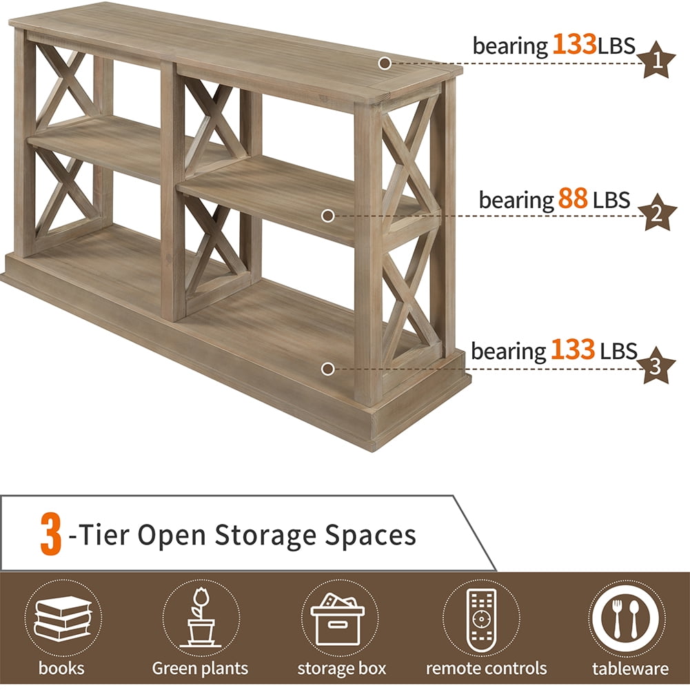 Lowestbest Console Table, with 3-Tier Open Storage Spaces and "X" Legs, for Living Room, Entryway and Hallway (White Wash)