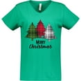 thumbnail image 3 of Inktastic Merry Christmas Plaid Trees Women's V-Neck T-Shirt, 3 of 5