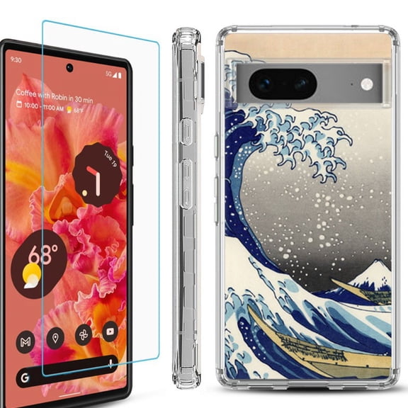 OneToughShield ® Compatible with Google Pixel 8, Shockproof Phone Case, with Tempered Glass Screen Protector - Great Wave
