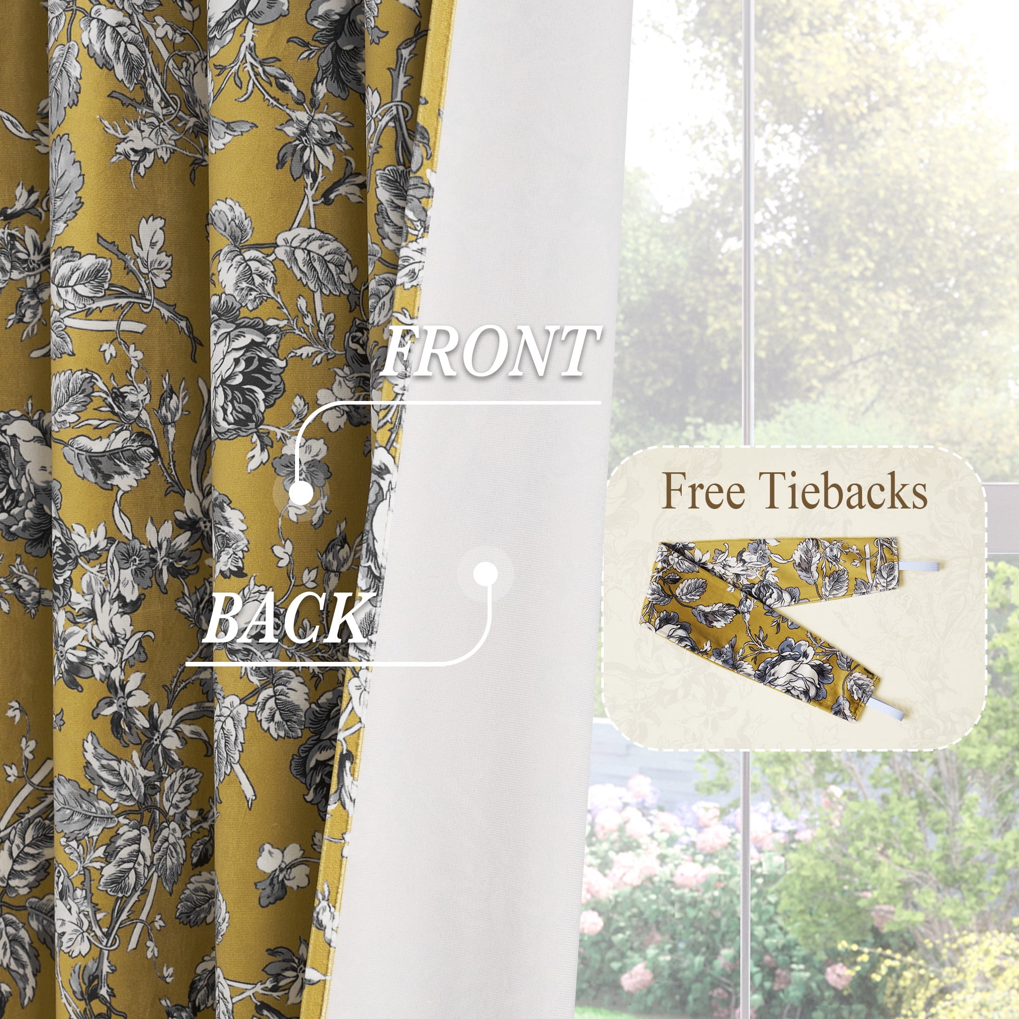 StangH Vintage Floral Velvet Curtains, Rose Patterned Drapes with Privacy Thermal Insulated Neoclassical Style for Dining Room, Mustard Yellow, W52 x L96, 2 Panels