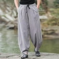 thumbnail image 4 of FNFYFH Men's Big and Tall Linen Harem Drawstring Pants Casual Elastic Waist Lightweight Trouser Hippie Summer Beach Yoga Pants, 4 of 5