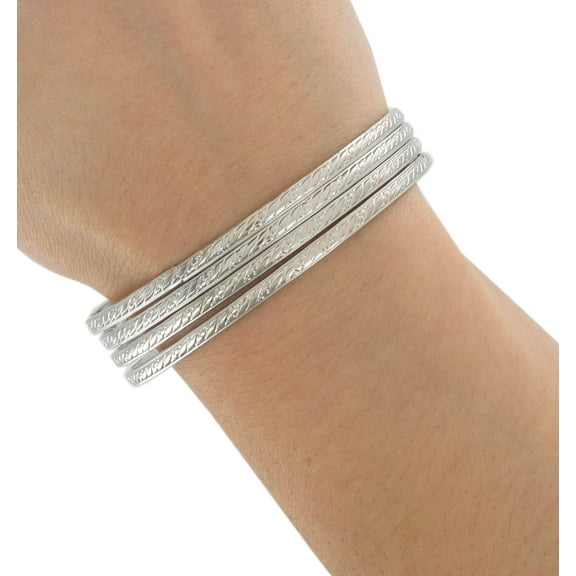 Ky & Co USA Set of 4 Silver Tone Cambridge Thin Round Bangle Bracelet Womens XL Size