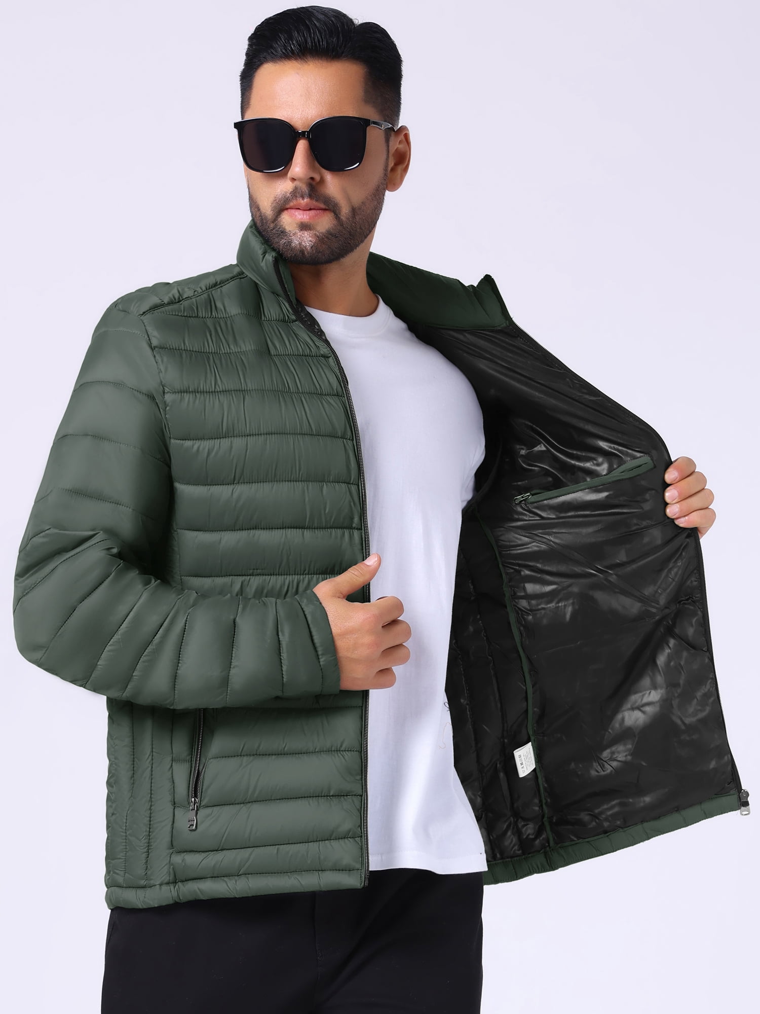DARING DIVA Men's Winter Solid Stand Collar Zipper Quilted Puffer Jacket XL Dark Green