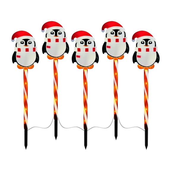 5 Pcs Solar Powered Chritmas Penguin Floor Lamp, Outdoor Garden Candy Cane Stake Light Decoration For Courtyard, Lawn And Pathway