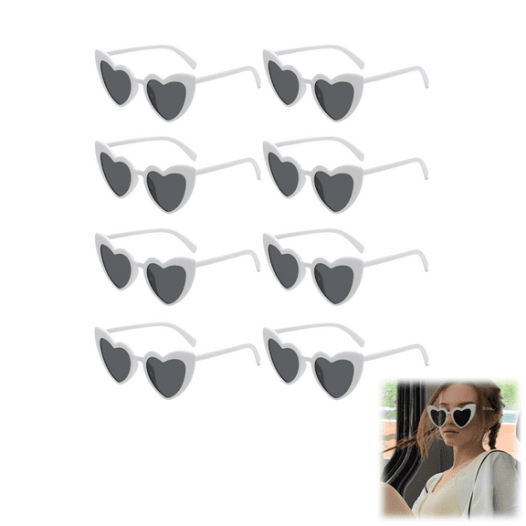 WuPing Heart Sunglasses for Women: Cat Eye White Frame 8-Pack Set, UV Protection, Trendy 4th of July Party Accessory (Bold & Vintage Style, White)