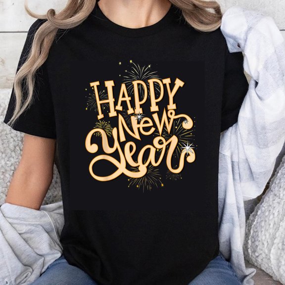 100% Cotton Happy New Year T-Shirt Women's Black Holiday Celebration Shirt Festive Party Wear Golden Fireworks Design Comfortable Casual Top