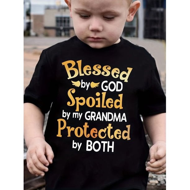 Boys' Summer Fashion Tee - "Blessed By God, Spoiled By My Grandma" Colorful Letter Print, 100% Polyester Casual Short Sleeve T-Shirt with Round Neckline for Youngsters, Tween Boy Clothes