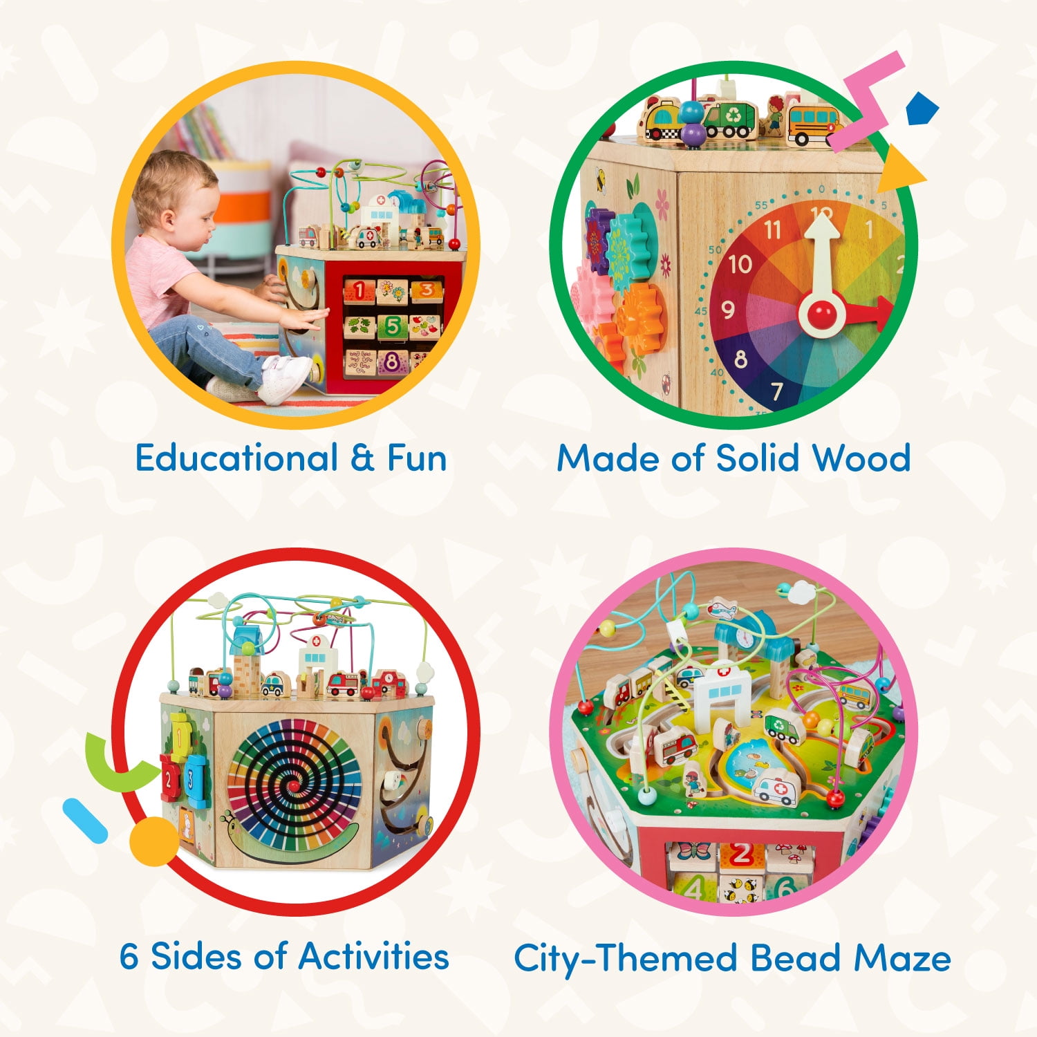 Battat CurioCity Wooden Activity Center Toy with 7 Sides and Bead Maze, Baby and Toddler  12 Months +