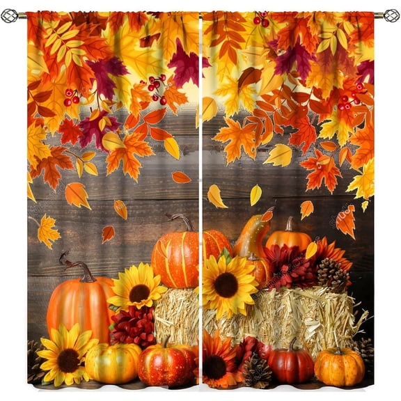 Fall Maple Leaves Blackout Curtain Pumpkins Autumn Falling Leave Print Curtains Home Decor Rod Pocket Darkening Drapes for Bedroom Living Room 2 Panels 84 in x 84 in