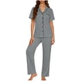 thumbnail image 2 of LWITHSZG Pajama Sets for Women Short Sleeve Button Down Shirts and Straight Leg Pants 2 Piece Matching Pjs Summer Loose Lounge Sets, 2 of 6