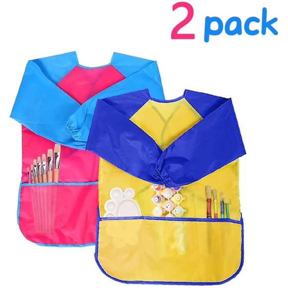 2 Pieces Painting Aprons Children, Painting Smock Craft Apron 2-7 Years, Waterproof Children Apron for Painting with Long Sleeves, Three Pockets