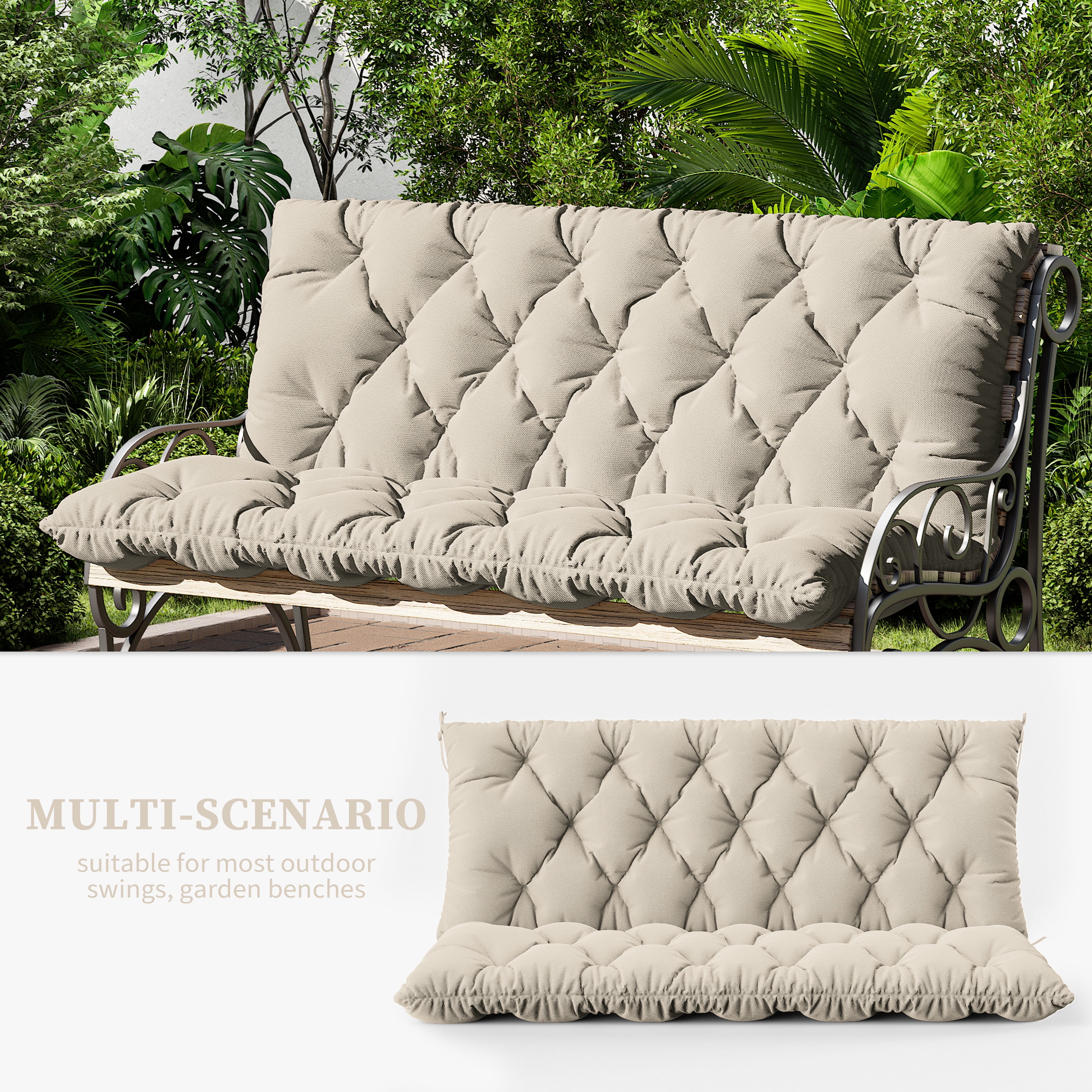Snubbull Swing Replacement Cushion, Outside Bench Cushion with Backrest, 2-3 Seater Cushion with 6 Ties for Outdoor Furniture, 60 x 40 x 5 Inches Porch SwingCushion Garden Bench, Cream