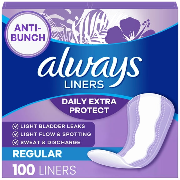 Always Daily Extra Protect Panty Liners, Regular Length, Unscented, 100 Count