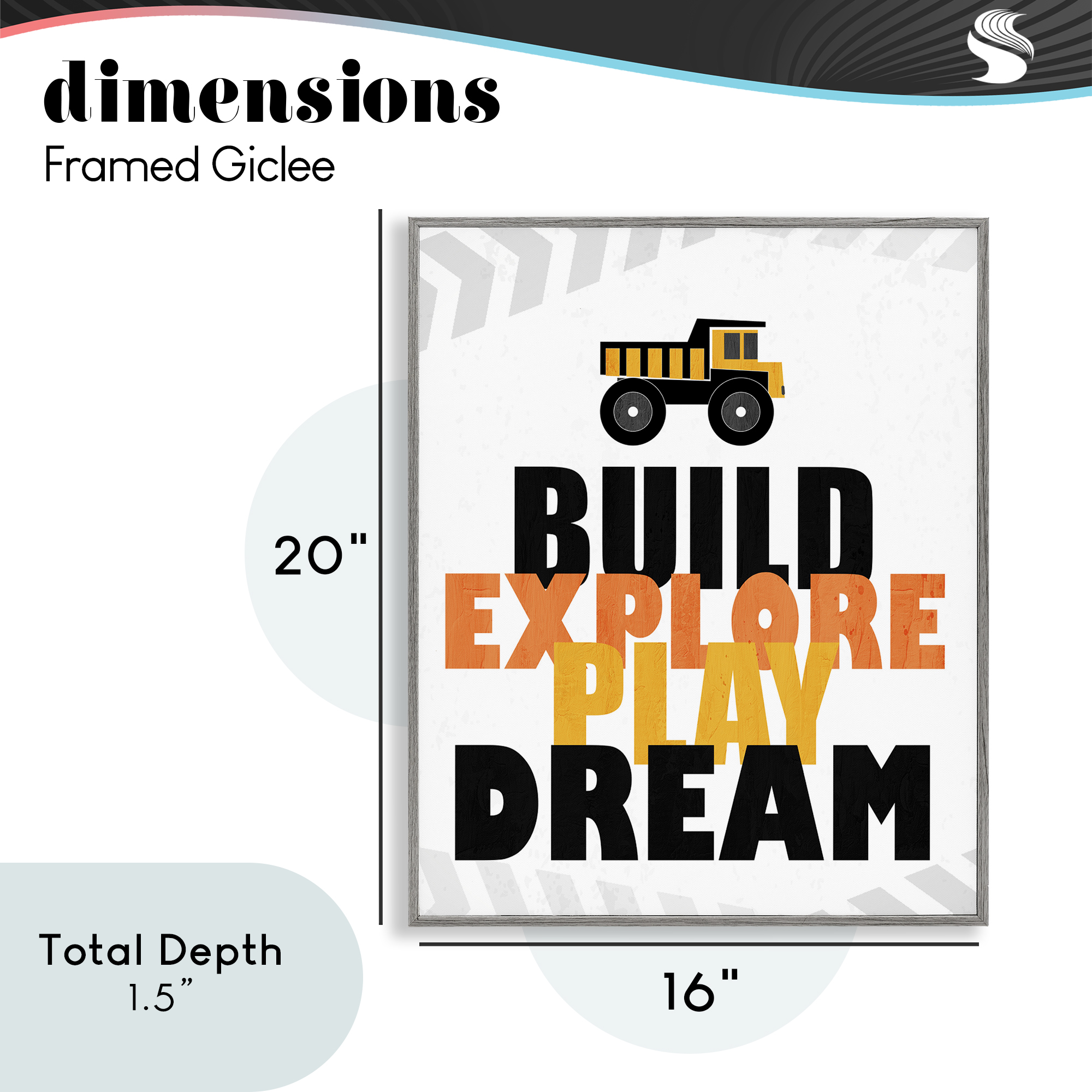 Build Explore Play Dream Gray Framed Giclee Art, design by Kim Allen