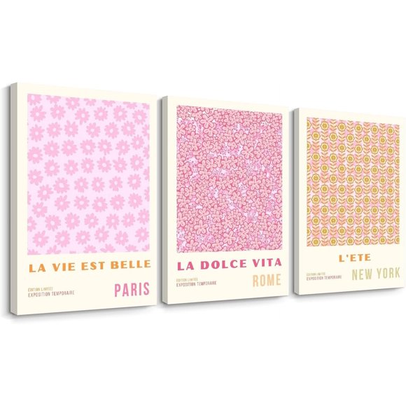 Strawberry Print Canvas Wall Art 3 PiecesPink White Checkered Wall DecorCartoon Fruit Painting Poster Pictures Sweet Kawaii Kids Teens Adult Living Room/Bedroom/Office Decor