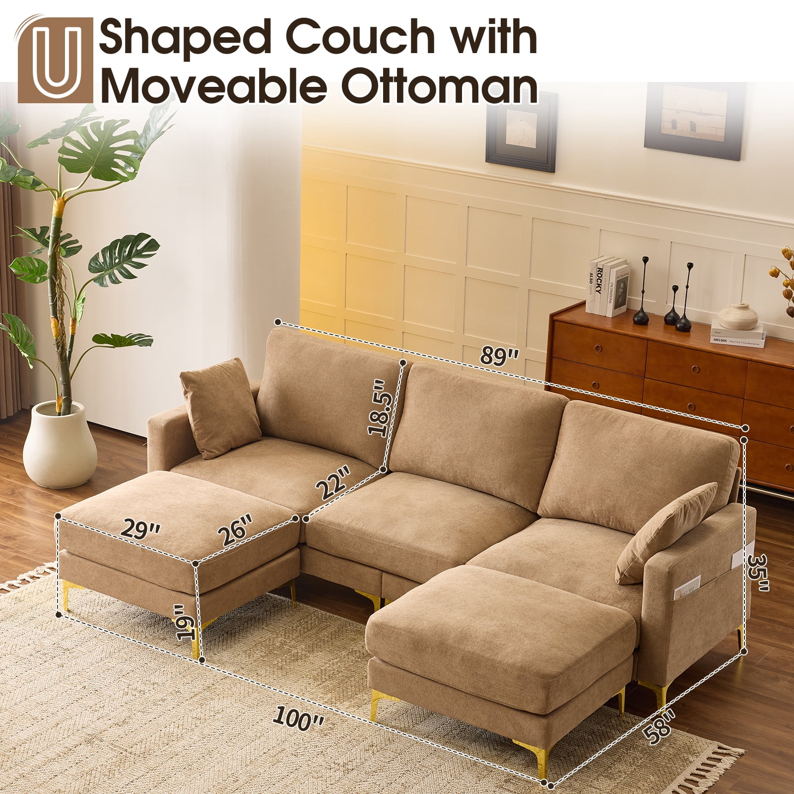 Ktaxon U-Shaped Sofa with 2 Removeable Ottoman Footrests, Flannel Deep Seating Couch for 3, Converts to Sleeper for Bedroom Living Room Furniture Khaki