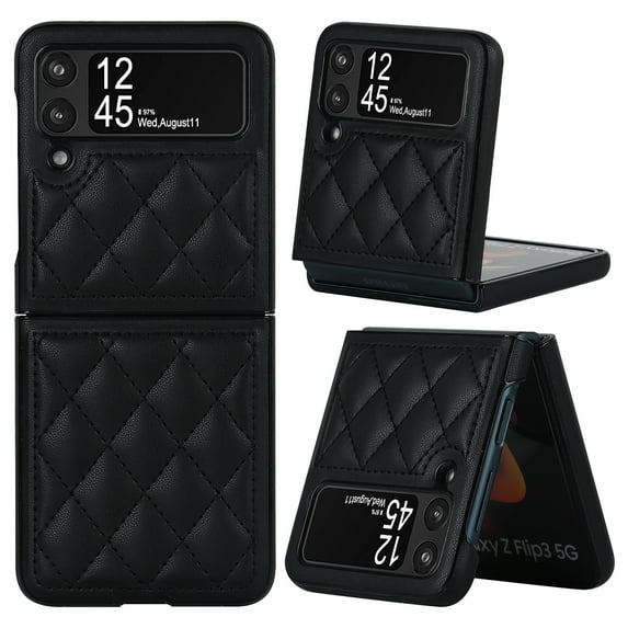 Compatible with Samsung Galaxy Z Flip 4 Case, Luxury Protective Ultra-Thin PU Leather Small Fragrance Grid Shockproof Glossy Design Back Phone Cover For Samsung Z Flip 4,Black