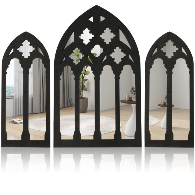 LNGOOR 3Pcs Window Wall Mirror Set Arched Wall Mirror Decor Self-Adhesive Wall Mirror for Living Room