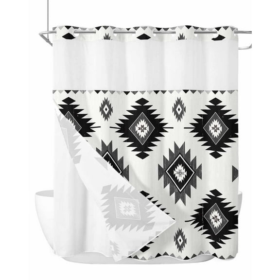 No Hook Cloth Fabric Shower Curtain with Snap in Liner, Black Aztec Waterproof Shower Curtains Set with See Through Top Window, Southwest Boho Tribal Abstract Geometric Bath Curtains Shower 72"x72"