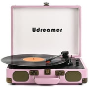Udreamer Vinyl Record Player 3-Speed Turntable with Bluetooth, Suitcase Portable Vintage Audio Turntable, Pink