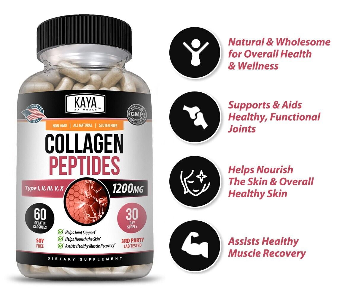 Collagen Peptides Types I, II, III, V, X, 1200mg Pills Anti-Aging Skin Capsules