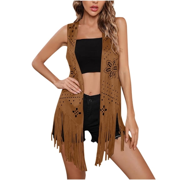 Lcziwo Sleeveless Tassel Vest Women Western Hippie Faux Suedes Outerwears Hollowed Out Fringe Cardigan Cowgirl Ethnic Tops Brown,L