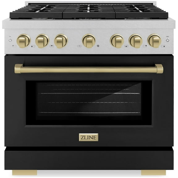 ZLINE Autograph 36" 5.2 cu. ft. Paramount Gas Range with Convection Gas Oven in DuraSnow Stainless Steel with Black Matte Door and Bronze Accents, SGRSZ-BLM-36-CB