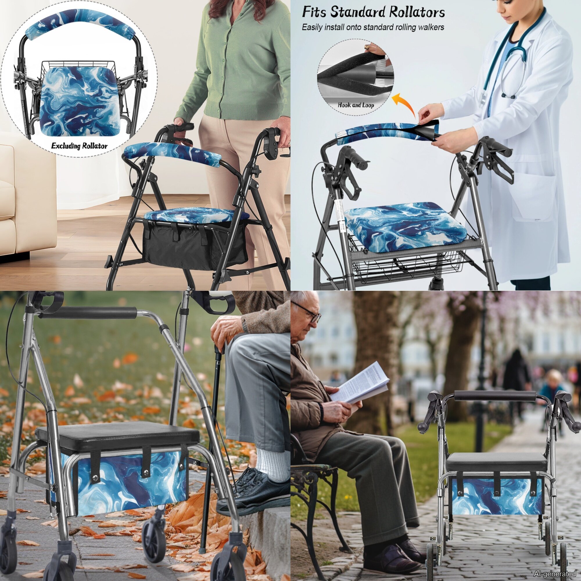 ZIATUBLES Blue Swirl Marble Print 3-Pieces Rollator Accessory Set, Soft ...
