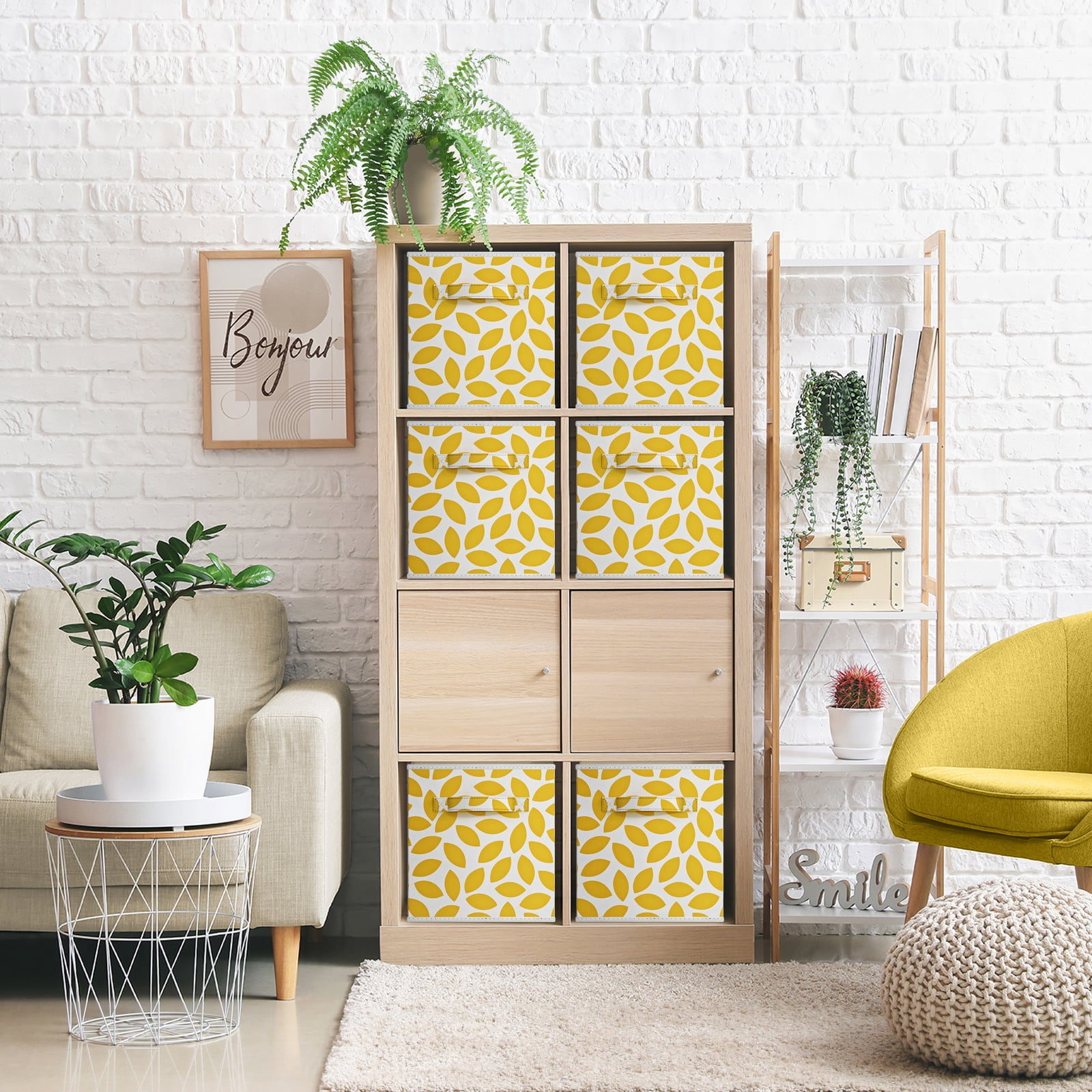 Sorbus 6-Pack 11-Inch Foldable Storage Cubes with Handles, Yellow Floral Petal Print Organizer Bins