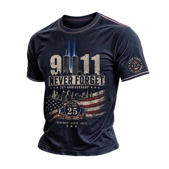 GIPQJK 9/11 25th Anniversary Commemorative T-Shirt for Unisex American Flag Shirts Crew Neck Short Sleeve T-Shirt Patriotic We Will Never Forget Vintage Tee Tops,Blue 3XL