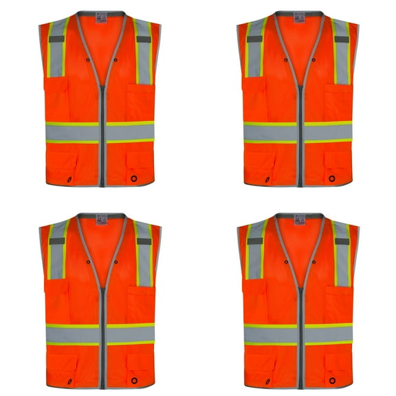 4Pack PRO Surveyor ANSI Class 2 with Reflective Trim with 6 Pockets Zipper Vest (ORANGE)