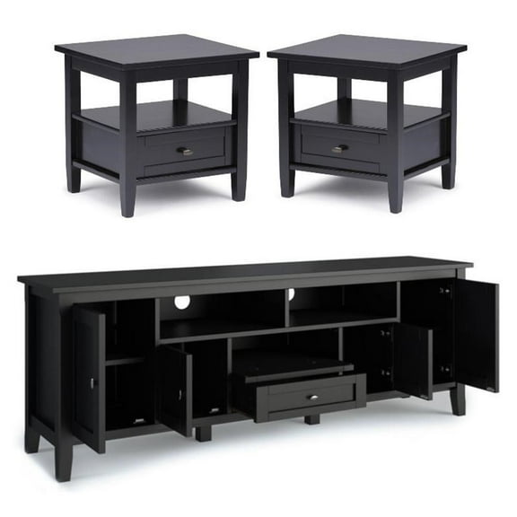 Home Square 3-Piece Set with 72" TV Media Stand & 2 20" End Side Tables in Black