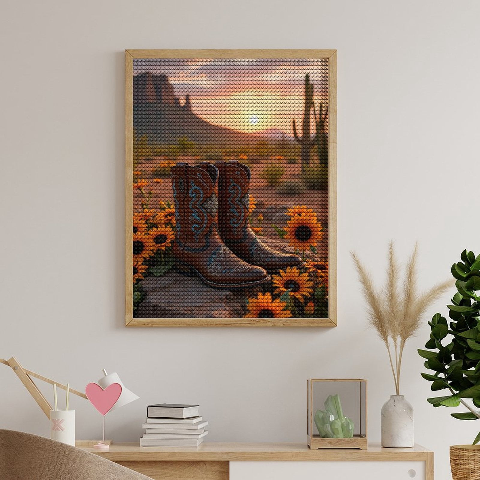 Diamond Art Kits for Adults, Cowboy Boots Sunflowers Desert Sunset 5D Diamond Painting Kits for Adults Beginners, DIY Full Drill Diamond Painting, Gem Art and Crafts 12x16