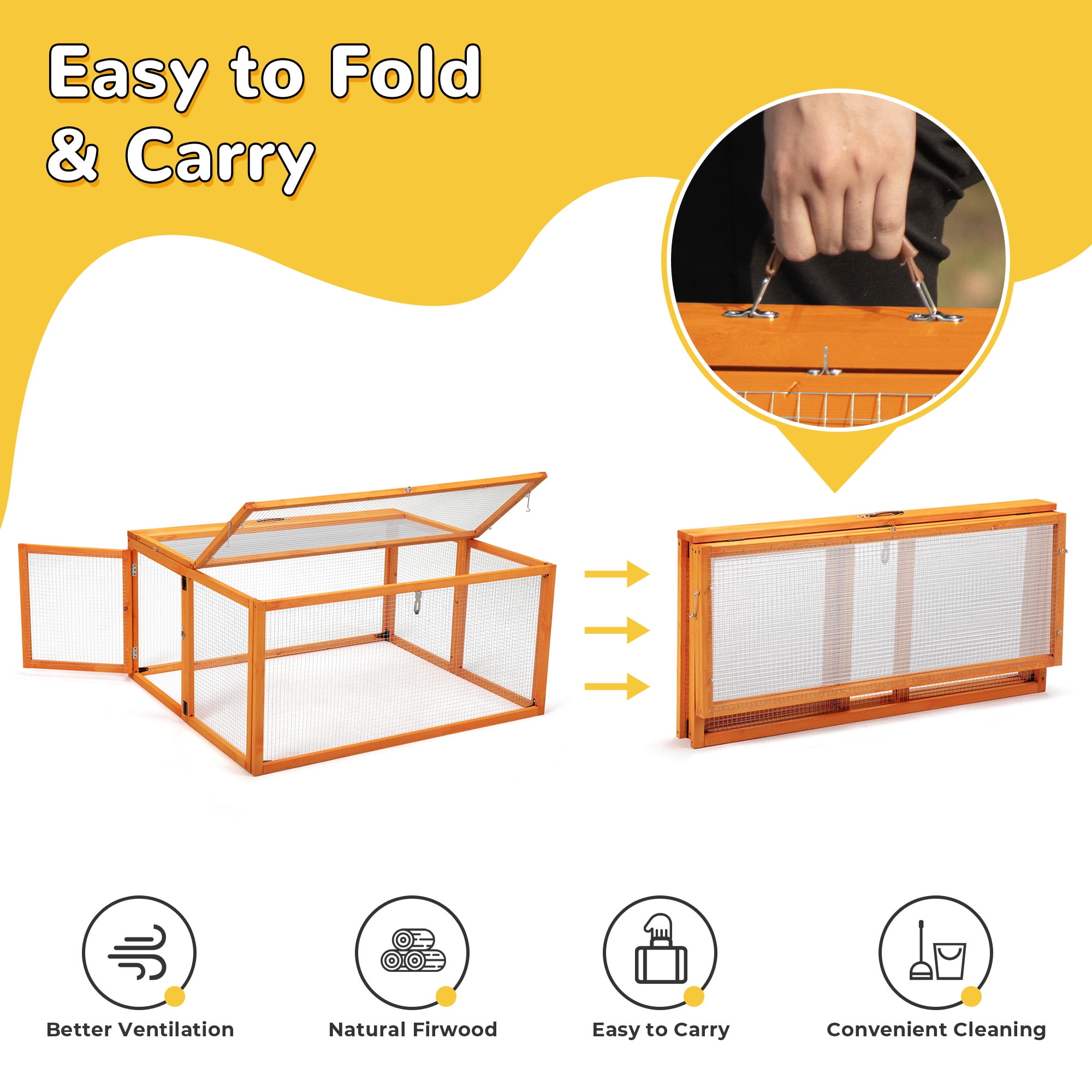 Folding Rabbit Hutch, Portable Wood Chicken Coop Run, Outdoor Pet Cage with Openable Sun Panel Top