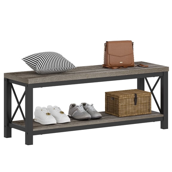 HOMGLORY Entryway Bench with Shoe Storage, 47" Modern Industrial Wood & Metal Hallway Bench for Mudroom, Living Room in Dark Grey Oak