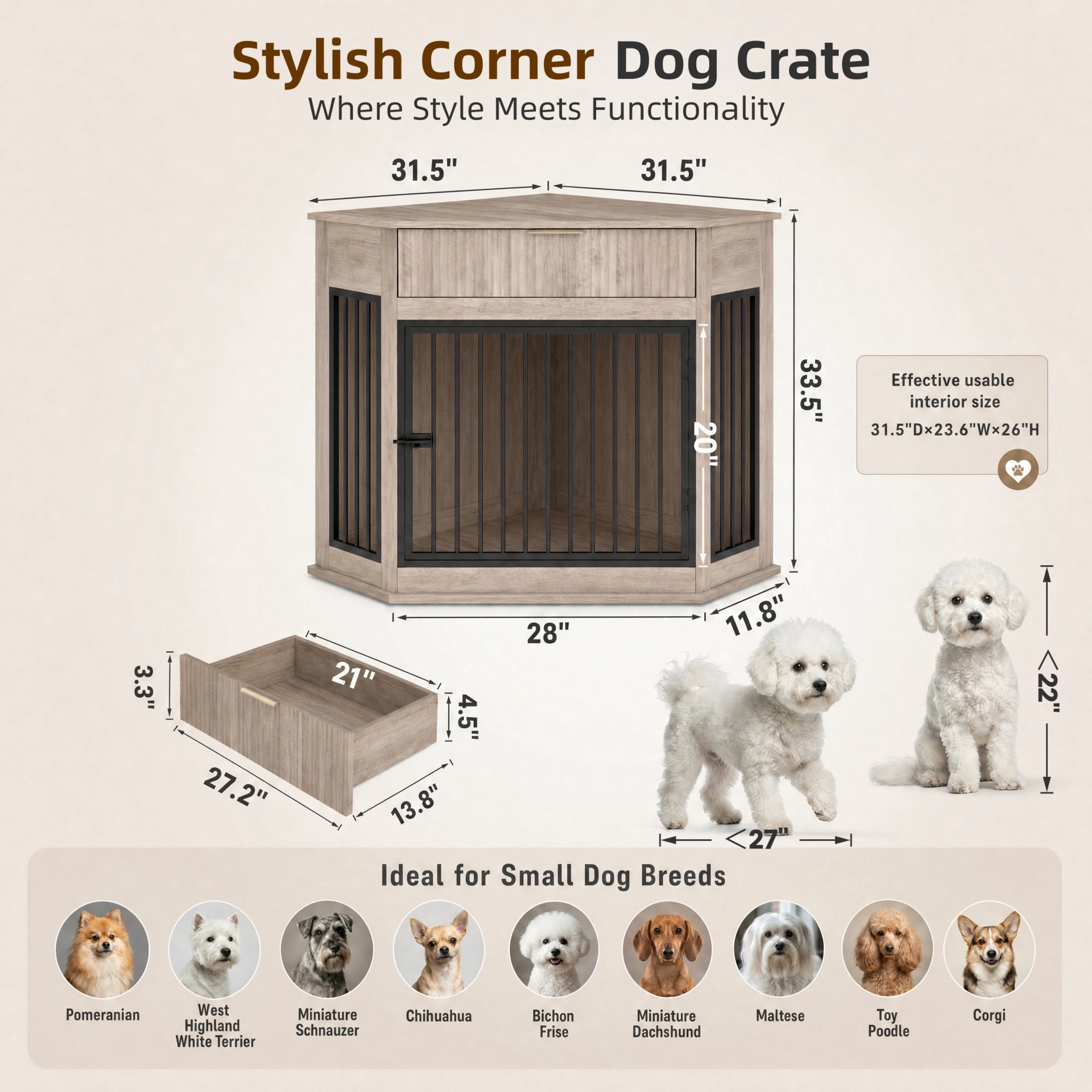 Noble House 44.6" Corner Wooden Dog Crate Furniture with Fluted Storage Drawer, Modern Cabinet for Home Décor, Grey