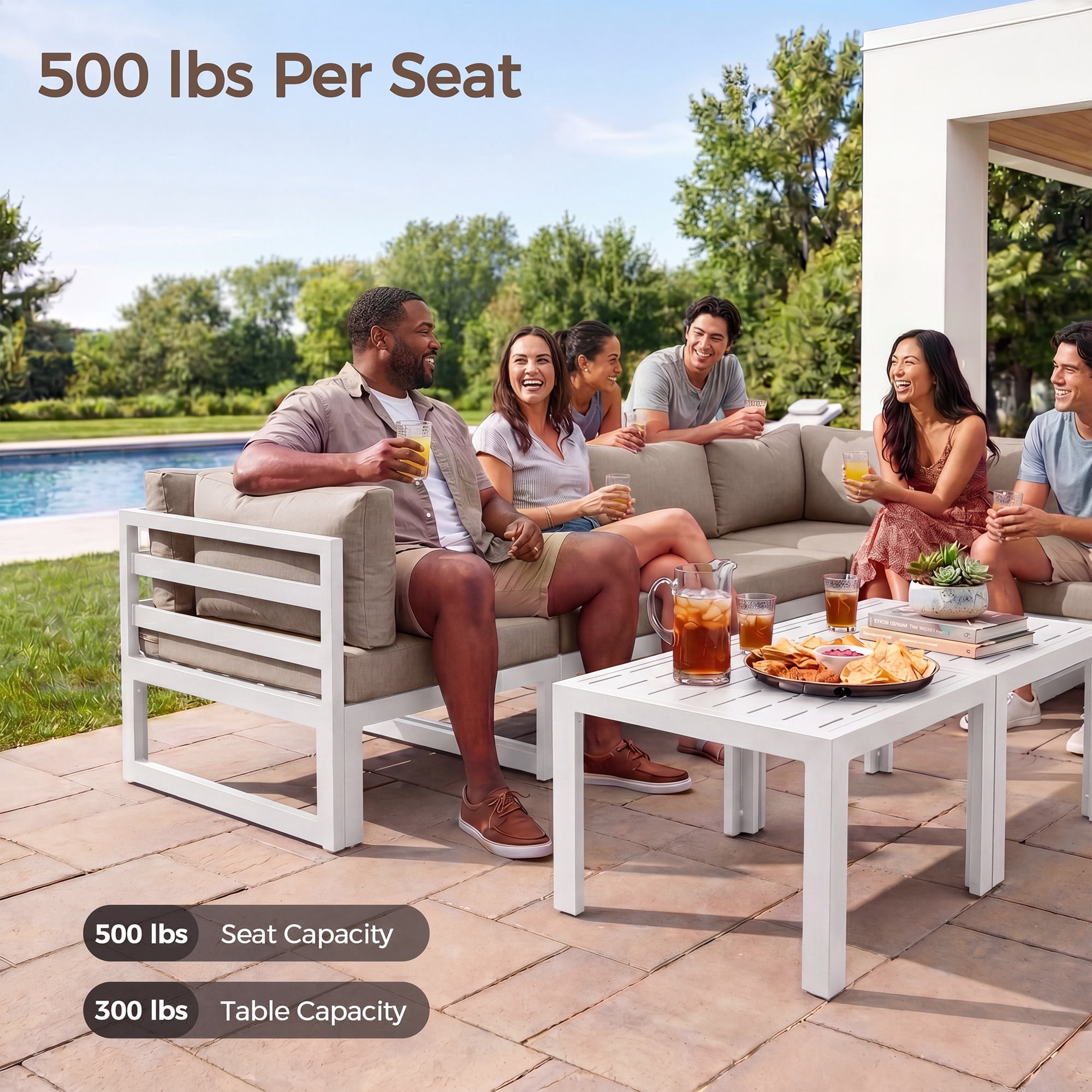 RADIATA Patio Aluminum Furniture Set with Oversized 29" Seats&Coffee Table, 8 Pieces Large Outdoor Modern Sectional Conversation Sofa Set with 4" Cushions for Backyard, Poolside, White&Beige