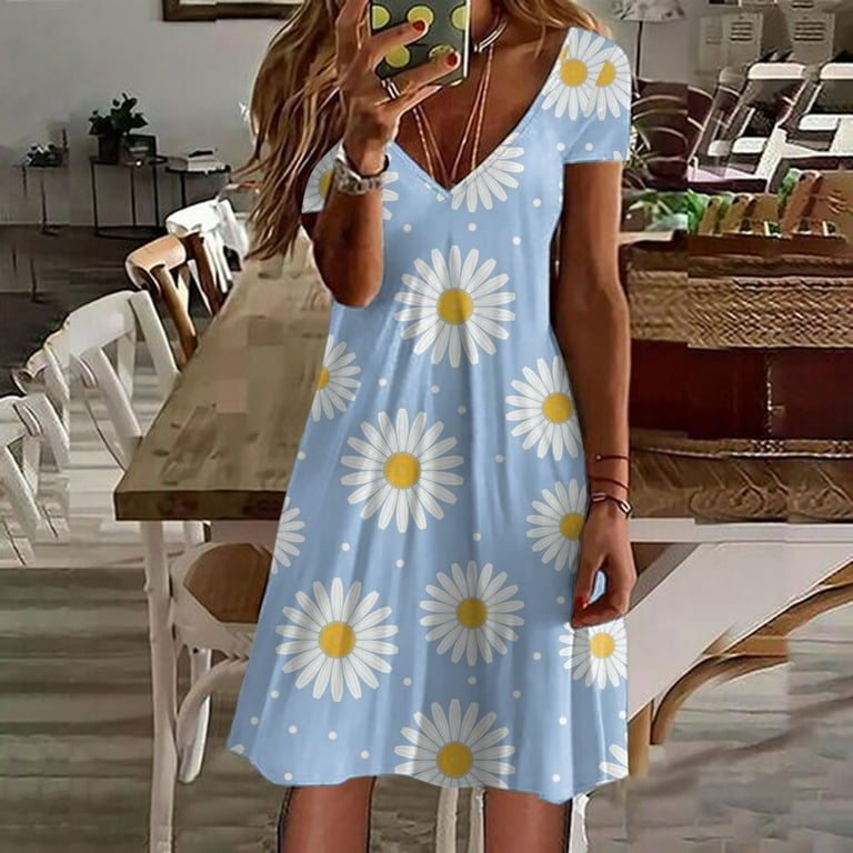 EHQJNJ Lace Tunic Dress Ladies Summer Short Sleeve Fashion Dress V